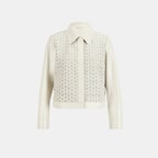 Kadın Beyaz Gömlek Yaka Örmeli Deri Ceket