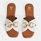 Kadın Beyaz Taşlı Toka Aksesuarlı Deri Terlik