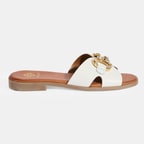 Kadın Beyaz Taşlı Toka Aksesuarlı Deri Terlik