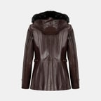 Kadın Bordo Kapüşonlu Deri Mont