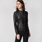 Kadın Deri Fit Panelli Biker Ceket