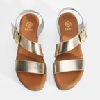 Kadın Gold Ayarlanabilir Tokalı Dolgu Topuklu Deri Sandalet