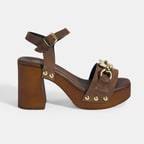 Kadın Kahve Aksesuar Detaylı Ayarlanabilir Tokalı Süet Topuklu Sandalet