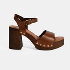 Kadın Kahve Ayarlanabilir Tokalı Deri Topuklu Sandalet