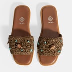 Kadın Kahve Boncuk İşlemeli Hasır Terlik