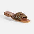 Kadın Kahve Boncuk İşlemeli Hasır Terlik