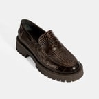 Kadın Kahve Kroko Basklı Deri Loafer