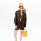 Kadın Kahve Lazer Kesimli Geometrik Desenli Deri Gömlek