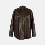 Kadın Kahve Lazer Kesimli Geometrik Desenli Deri Gömlek