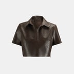 Kadın Kahve Lazer Kesimli Kısa Perforeli Deri Gömlek