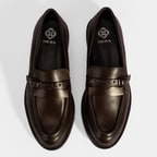 Kadın Kahve Metal Toka Detaylı Deri Loafer