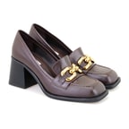 Kadın Kahve Toka Aksesuarlı Topuklu Deri Loafer