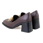 Kadın Kahve Toka Aksesuarlı Topuklu Deri Loafer