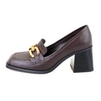 Kadın Kahve Toka Aksesuarlı Topuklu Deri Loafer