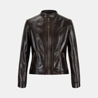 Kadın Koyu Kahve Hakim Yakalı Fit Deri Ceket