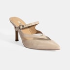 Kadın Krem Ayarlanabilir Tokalı Deri Abiye Topuklu Terlik