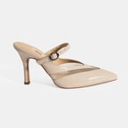 Kadın Krem Ayarlanabilir Tokalı Deri Abiye Topuklu Terlik