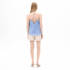 Kadın Mavi Askılı V Yaka Süet Bluz 