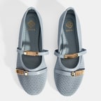 Kadın Mavi Metal Toka Aksesuarlı Deri Babet