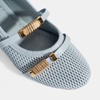 Kadın Mavi Metal Toka Aksesuarlı Deri Babet