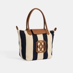 Kadın Monogram Logolu Lacivert Çizgili Kumaş Midi Omuz Çantası