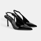 Kadın Siyah Ayarlanabilir Taşlı Toka Detaylı Rugan Topuklu Ayakkabı