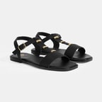 Kadın Siyah Ayarlanabilir Tokalı Deri Sandalet