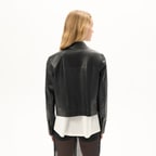 Kadın Siyah Gömlek Yaka Örmeli Deri Ceket