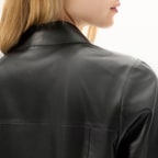 Kadın Siyah Gömlek Yaka Örmeli Deri Ceket