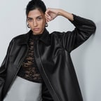 Kadın Siyah Gömlek Yakalı Deri Ceket