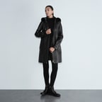 Kadın Siyah Hakim Yakalı Kapüşonlu Deri Kaban