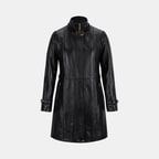 Kadın Siyah Hakim Yakalı Kapüşonlu Deri Kaban