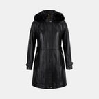 Kadın Siyah Hakim Yakalı Kapüşonlu Deri Kaban