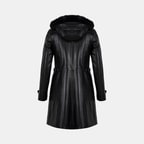 Kadın Siyah Hakim Yakalı Kapüşonlu Deri Kaban