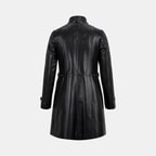 Kadın Siyah Hakim Yakalı Kapüşonlu Deri Kaban