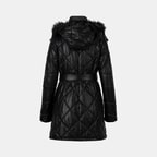 Kadın Siyah Hakim Yakalı Kapüşonlu Deri Mont