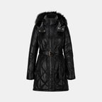 Kadın Siyah Hakim Yakalı Kapüşonlu Deri Mont