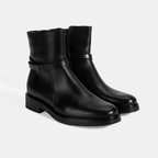 Kadın Siyah Metal Toka Detaylı Fermuarlı Deri Bot