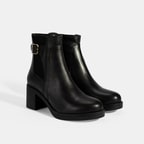 Kadın Siyah Metal Toka Detaylı Topuklu Deri Bot