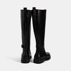 Kadın Siyah Metal Tokalı Kalın Topuklu Deri Çizme