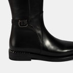 Kadın Siyah Metal Tokalı Kalın Topuklu Deri Çizme