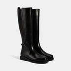 Kadın Siyah Metal Tokalı Kalın Topuklu Deri Çizme