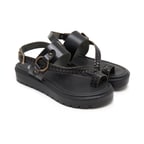 Kadın Siyah Örgü Baskılı Deri Sandalet