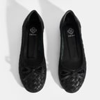 Kadın Siyah Örgü Detaylı Fiyonklu Deri Babet