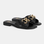 Kadın Siyah Taşlı Toka Aksesuarlı Deri Terlik