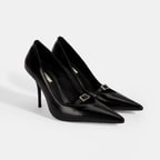 Kadın Siyah Taşlı Toka Detaylı Rugan Topuklu Abiye Ayakkabı