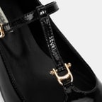 Kadın Siyah Toka Aksesuarlı T-Bant Rugan Topuklu Babet