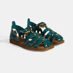 Kadın Yeşil Aksesuar Detaylı Ayarlanabilir Tokalı Deri Sandalet