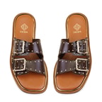 Kahve Kadın Ayarlanabilir Tokalı Deri Terlik