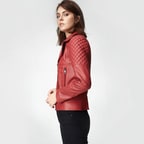 Kırmızı Delma Kadın Deri Biker Mont